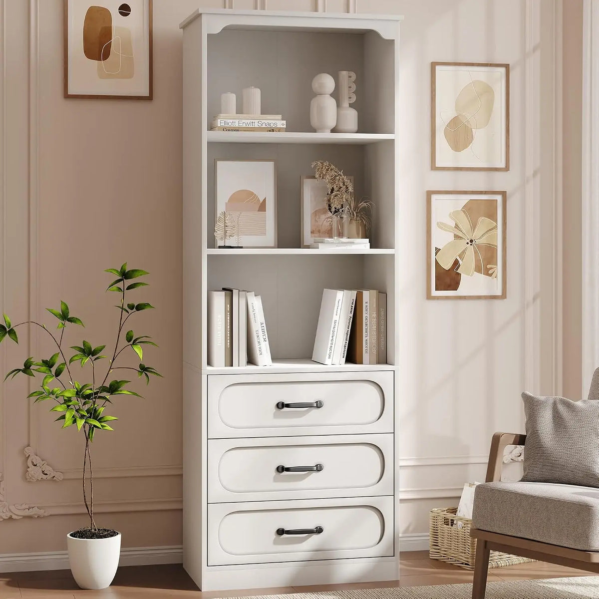 Garvee Wood Bookcase With Adjustable Shelves And Storage Drawers