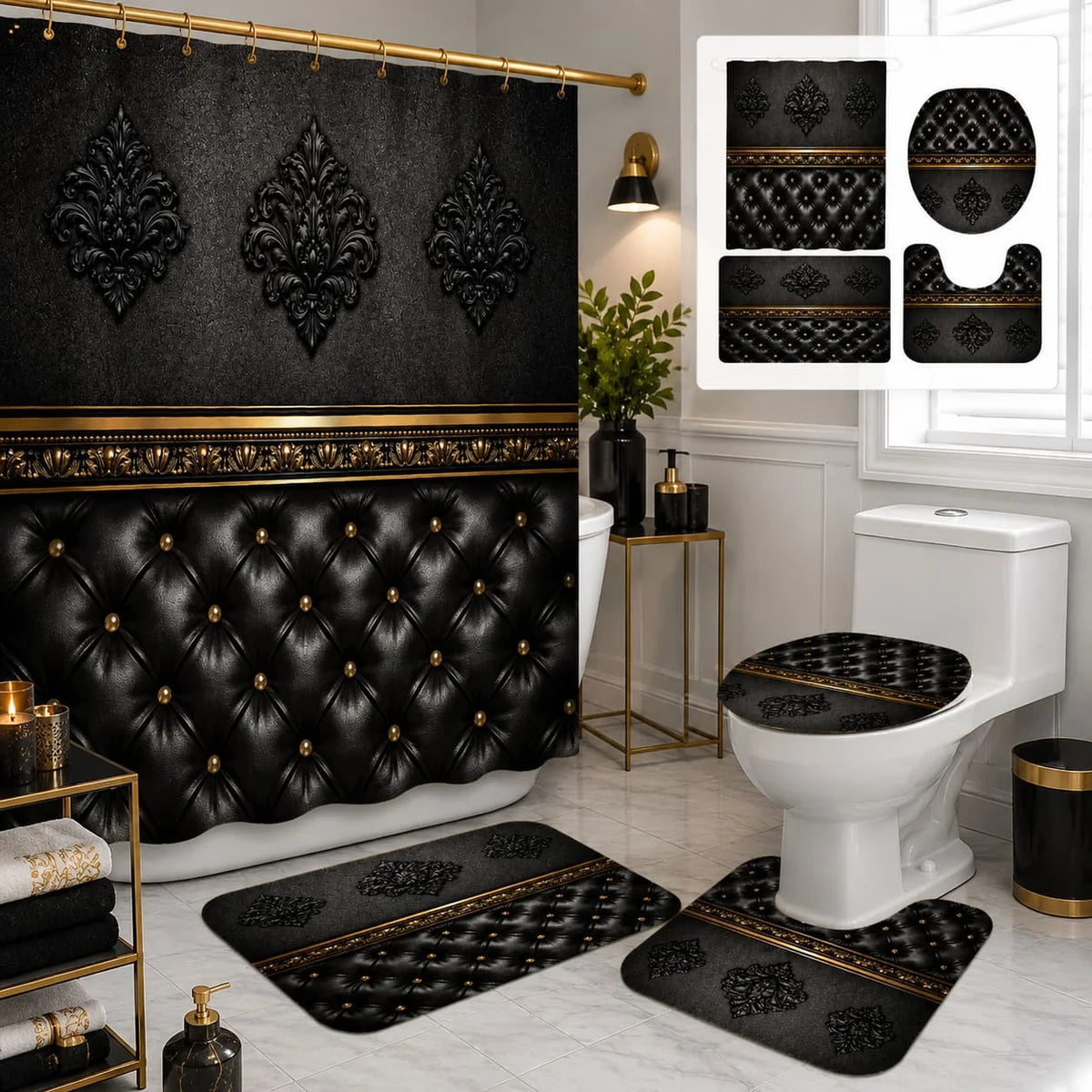 Baroque Shower Curtain Set with Bath Mats and Toilet Covers