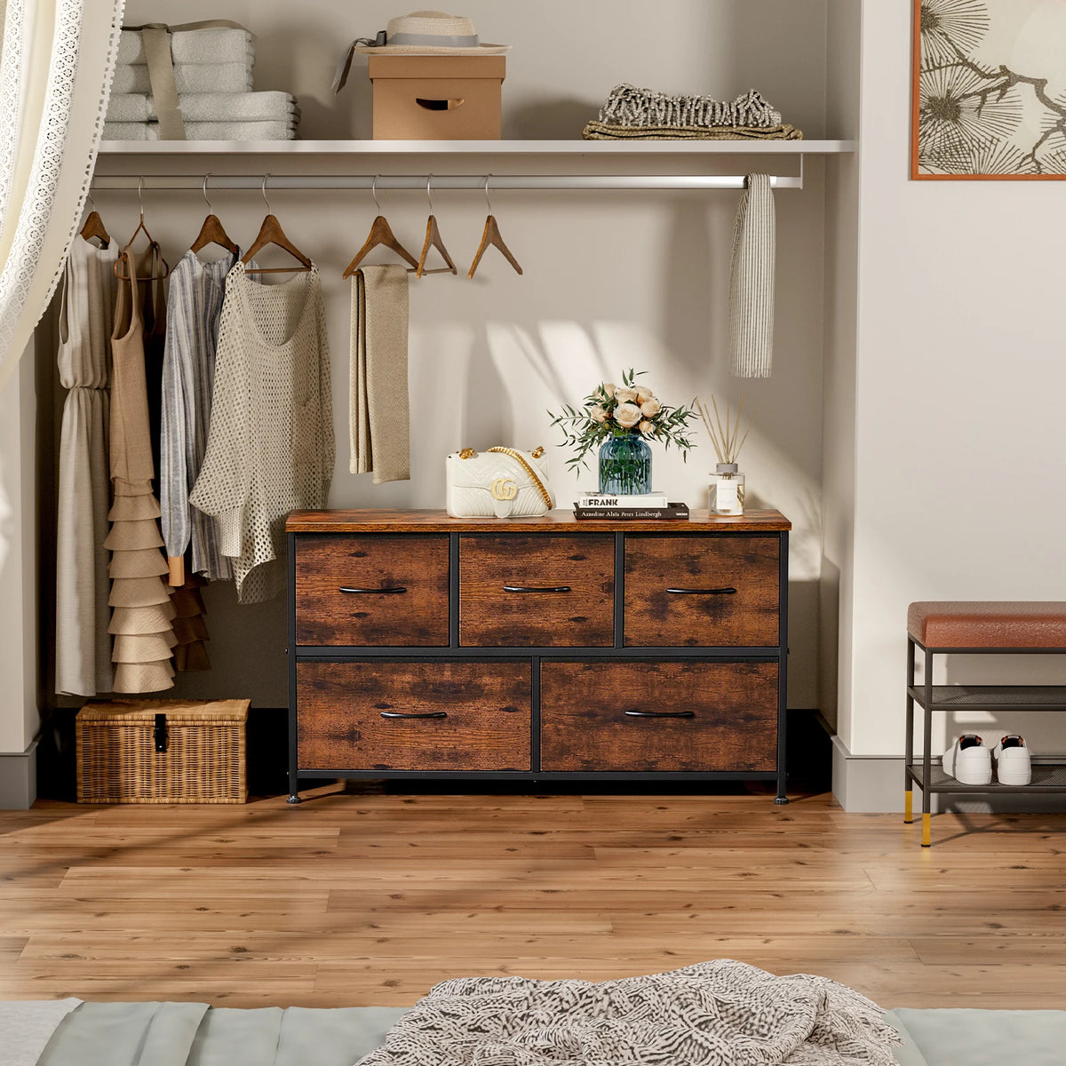 JHK Modern Living Room Display Cabinet With 5 Fabric Drawers