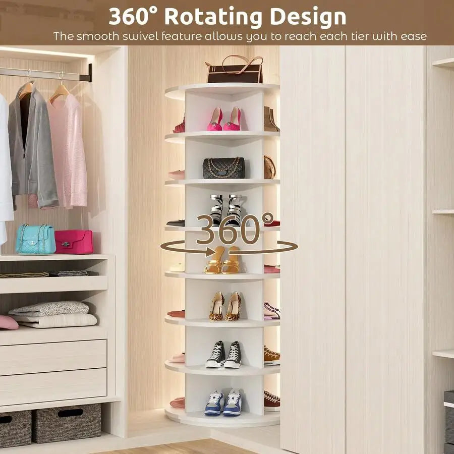 Rotating Shoe Rack Tower With Revolving Base And Storage Shelves