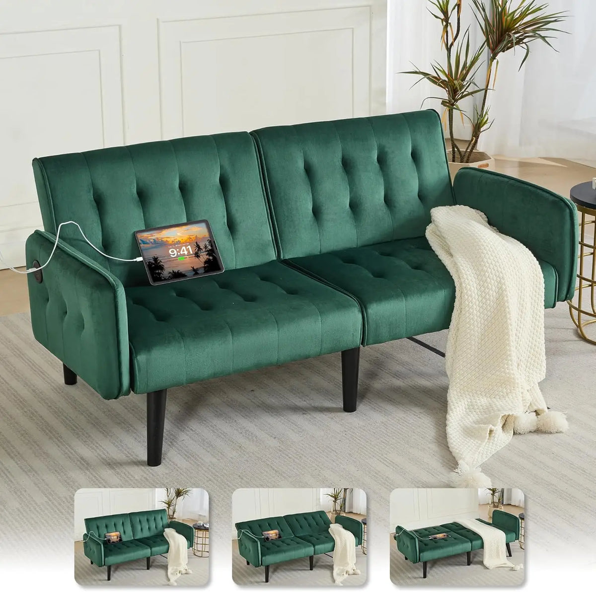 TYBOATLE Tufted Adjustable Futon Sofa Bed With USB Charging Ports