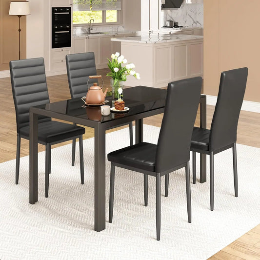 Modern Bamboo Dining Set With Tempered Glass And Four Chairs