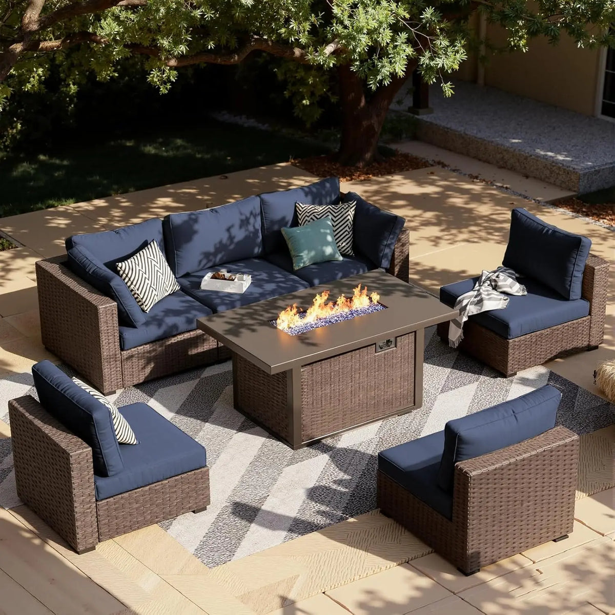 Xiaolang Seven Piece Outdoor Sectional Sofa With Fire Pit Table
