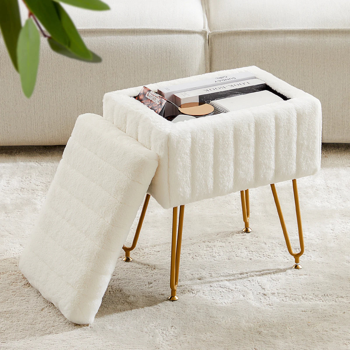 JHK Faux Fur Padded Storage Ottoman With Modern Metal Legs