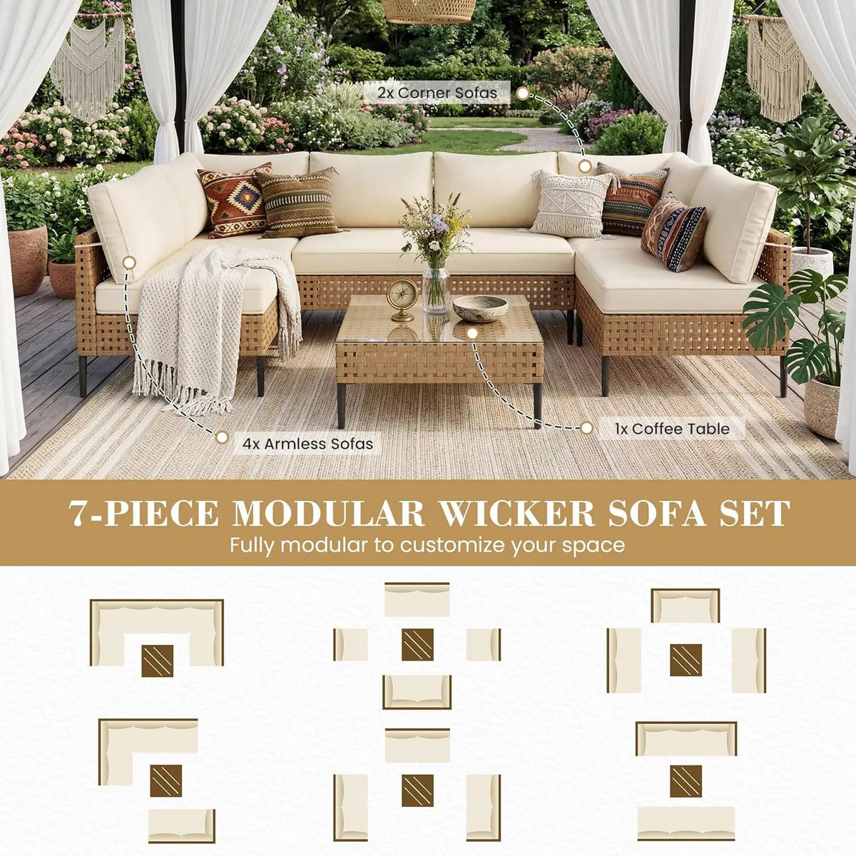 Modern Bamboo Outdoor Sectional Sofa With Glass Table