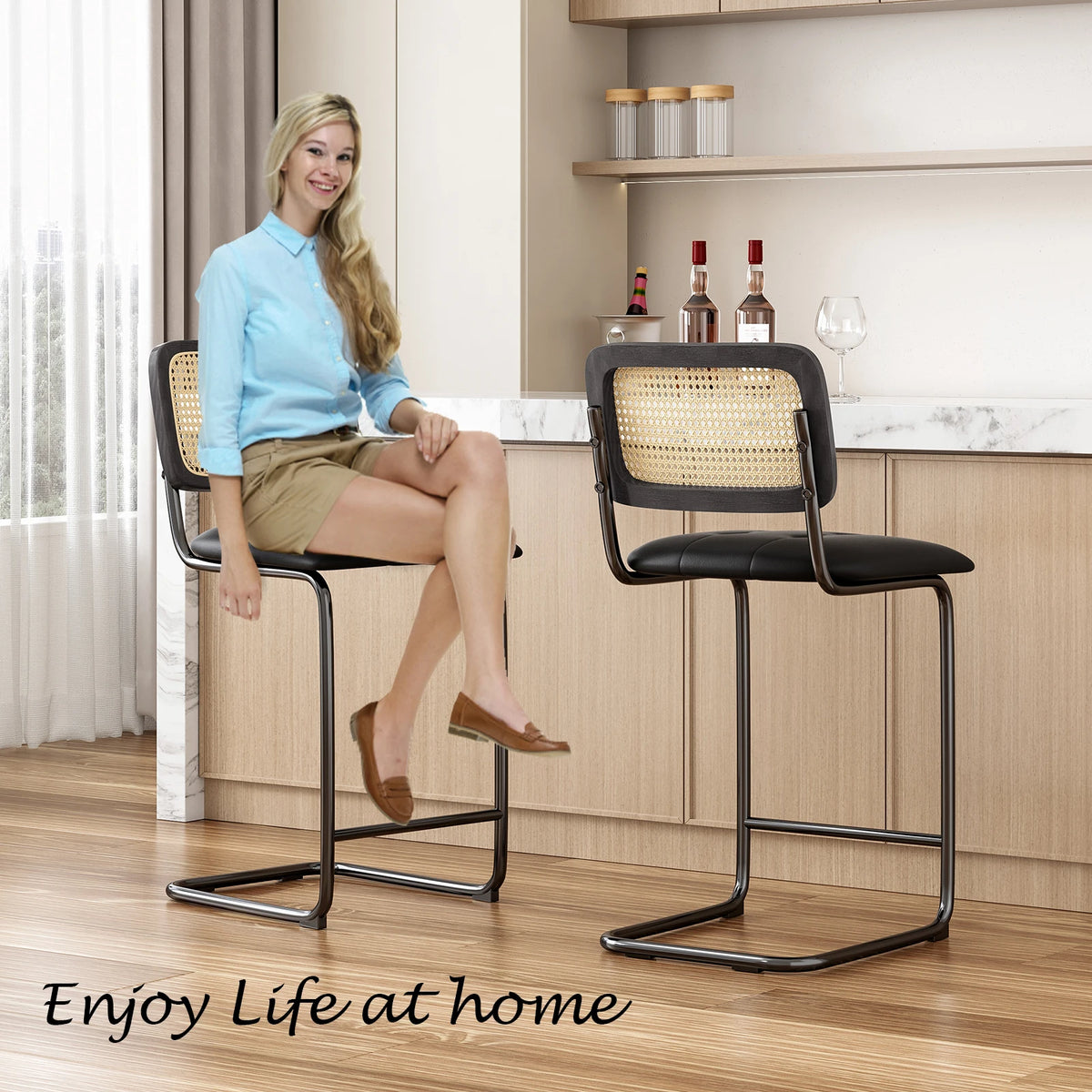 Farini Modern Upholstered PU Leather Rattan Bar Stools