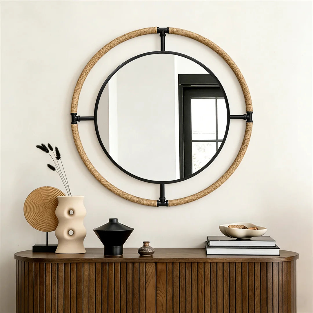 Nautical Round Wall Mirror with Rope Decorative Hanging Beach Living Room Coastal Theme Home Decor