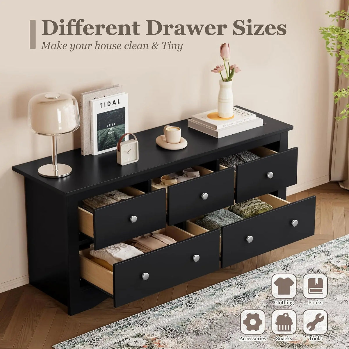 Wooden Five Drawer Bedroom Dresser Versatile Living Room Storage Cabinet