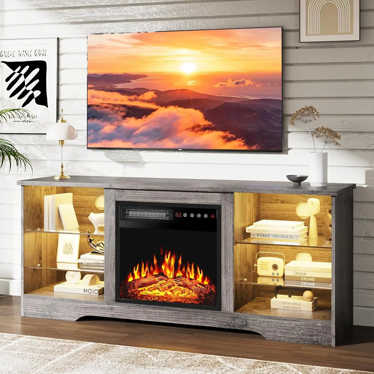 Fireplace TV Stand With Led Lights And Storage Entertainment Center