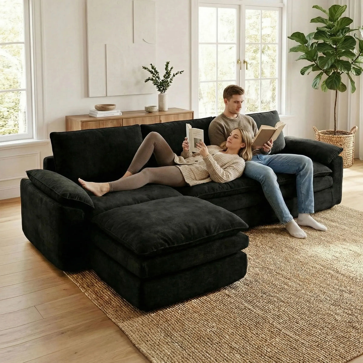 L Shaped Chenille Cloud Sofa With Chaise Lounge Modular Sectional