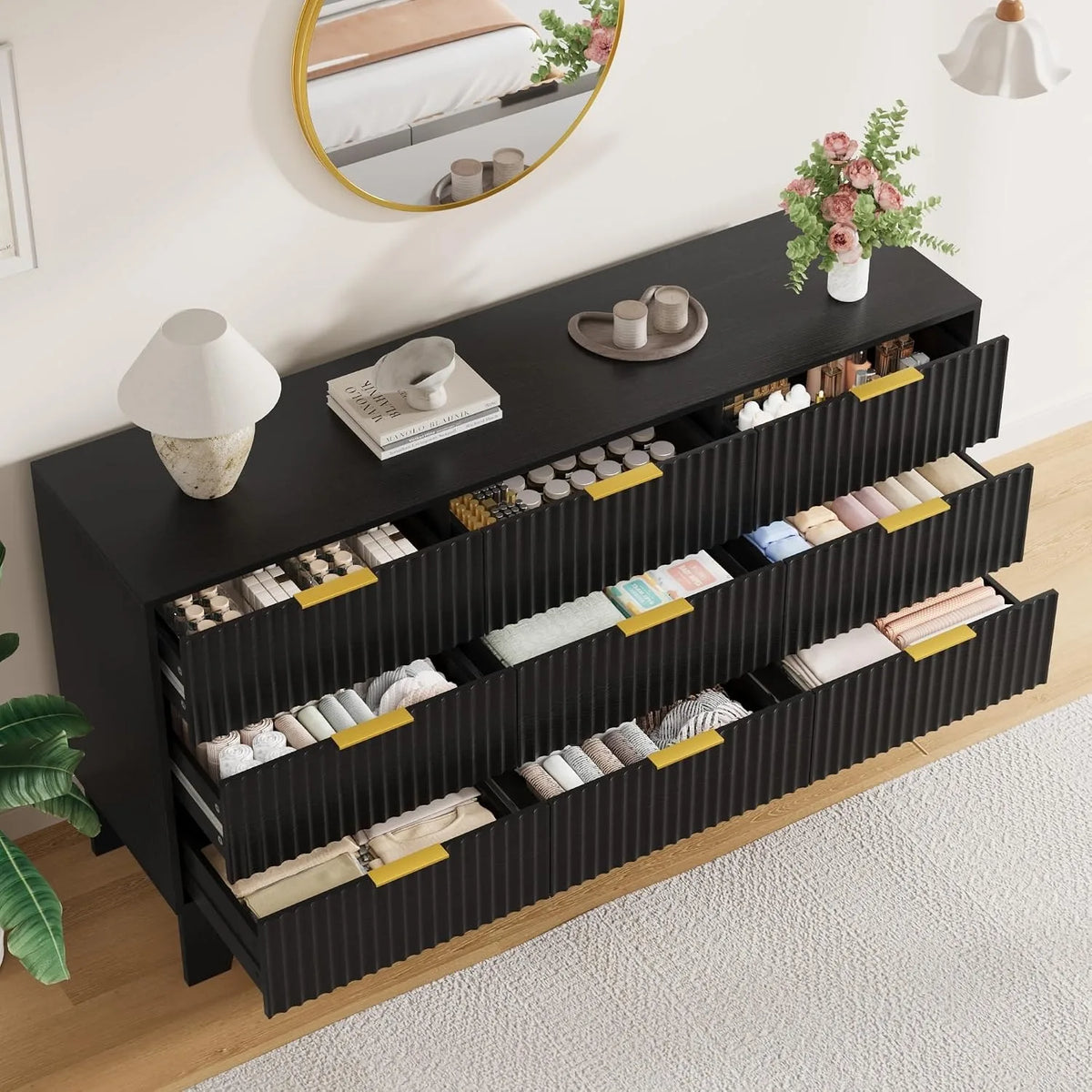 Modern Fluted Wood Nine Drawer Dresser With Storage Cabinet