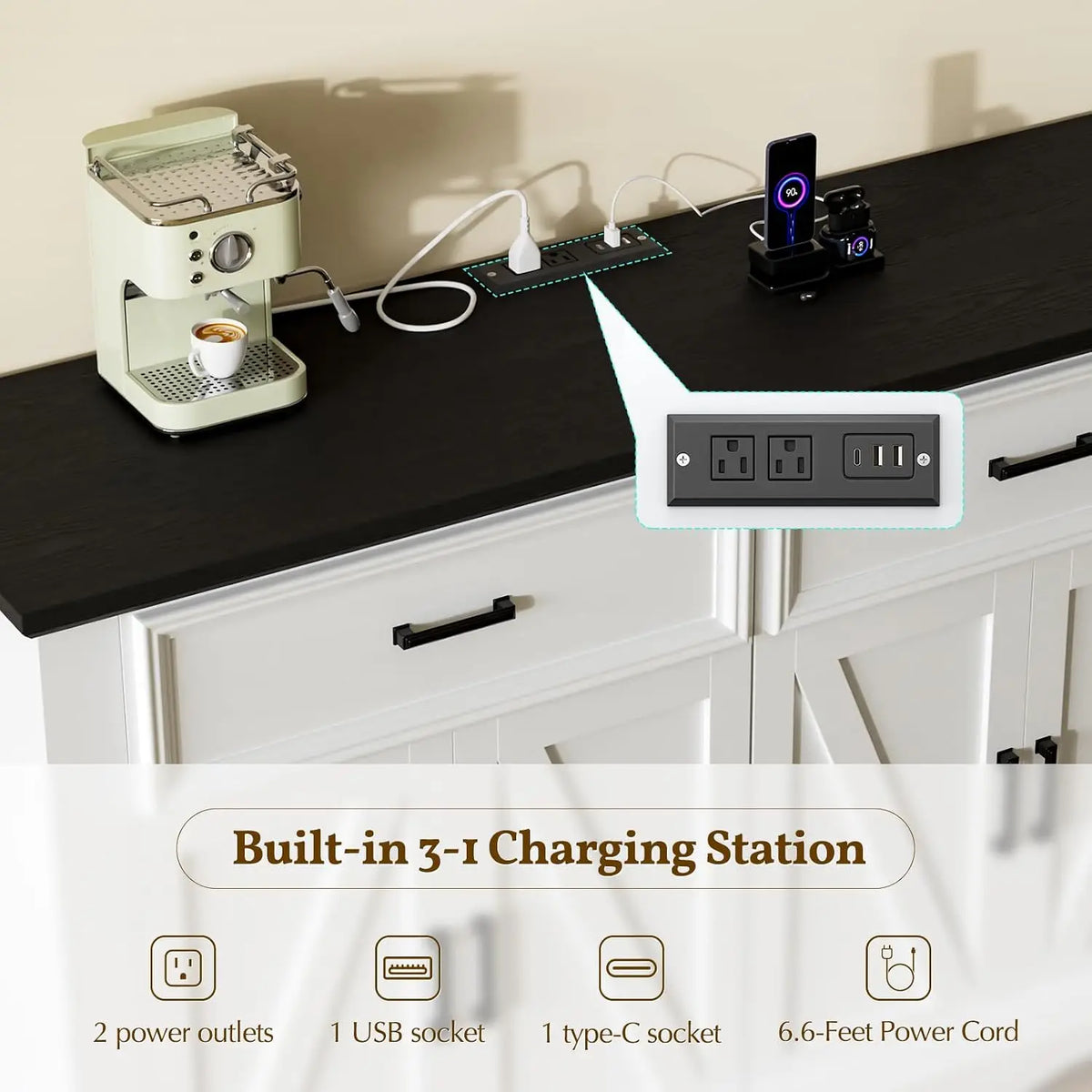 Modern Farmhouse Sideboard Buffet With Charging Station And Soft Close