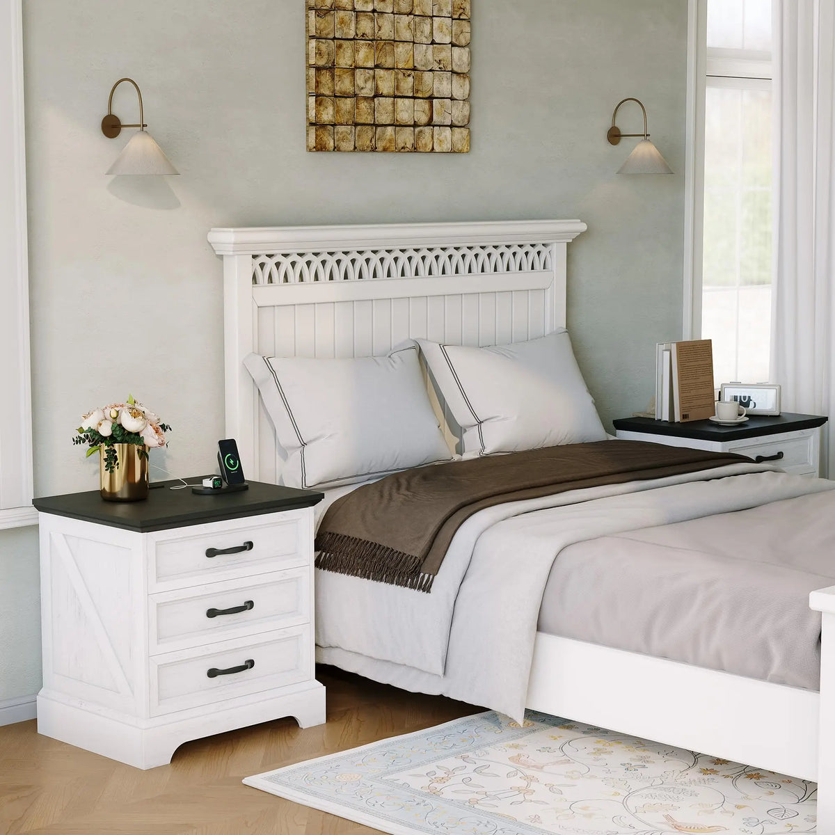 Modern Farmhouse Wood Nightstand With Charging Station And Three Drawers