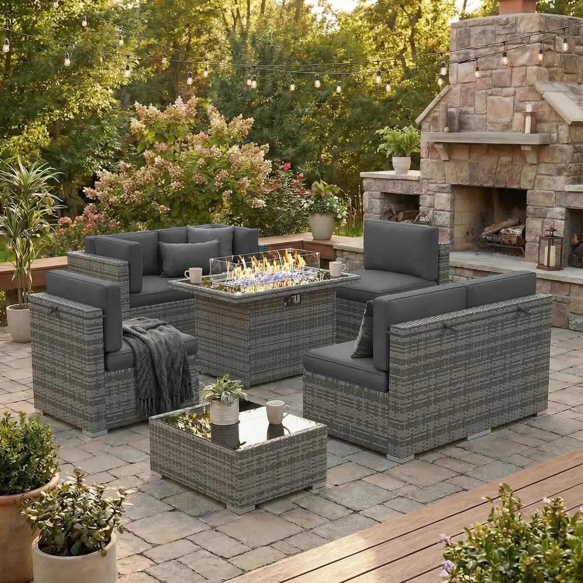 Xiaolang Outdoor Wicker Patio Sofa Set With Fire Pit Table