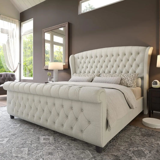 Queen Size Platform Bed Frame, Chenille Upholstered Sleigh Bed with Scroll Wingback Headboard & Footboard/Button, Customized