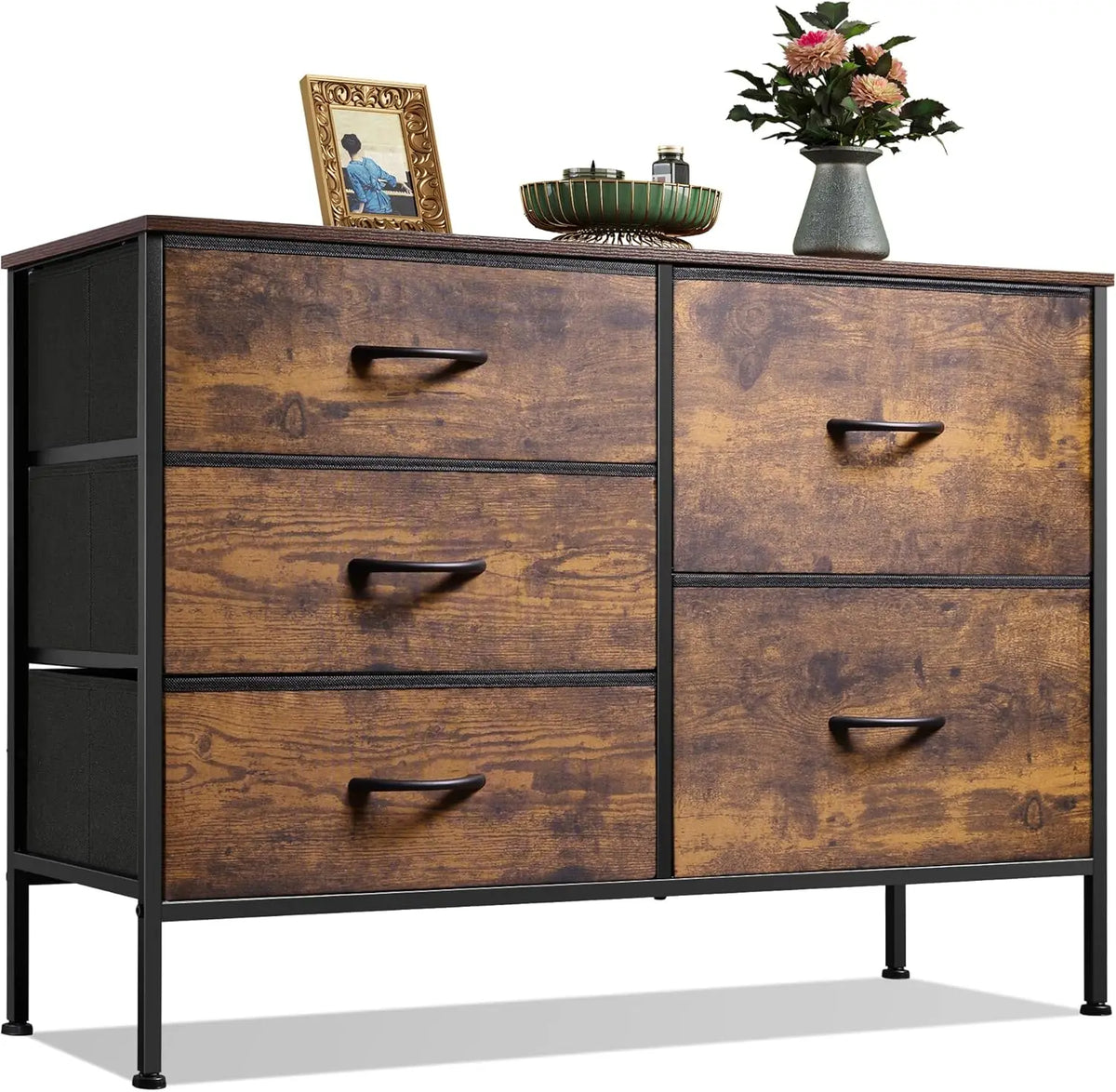 JHK Modern 5 Drawer Fabric Dresser With Metal Frame For Bedroom Living Room