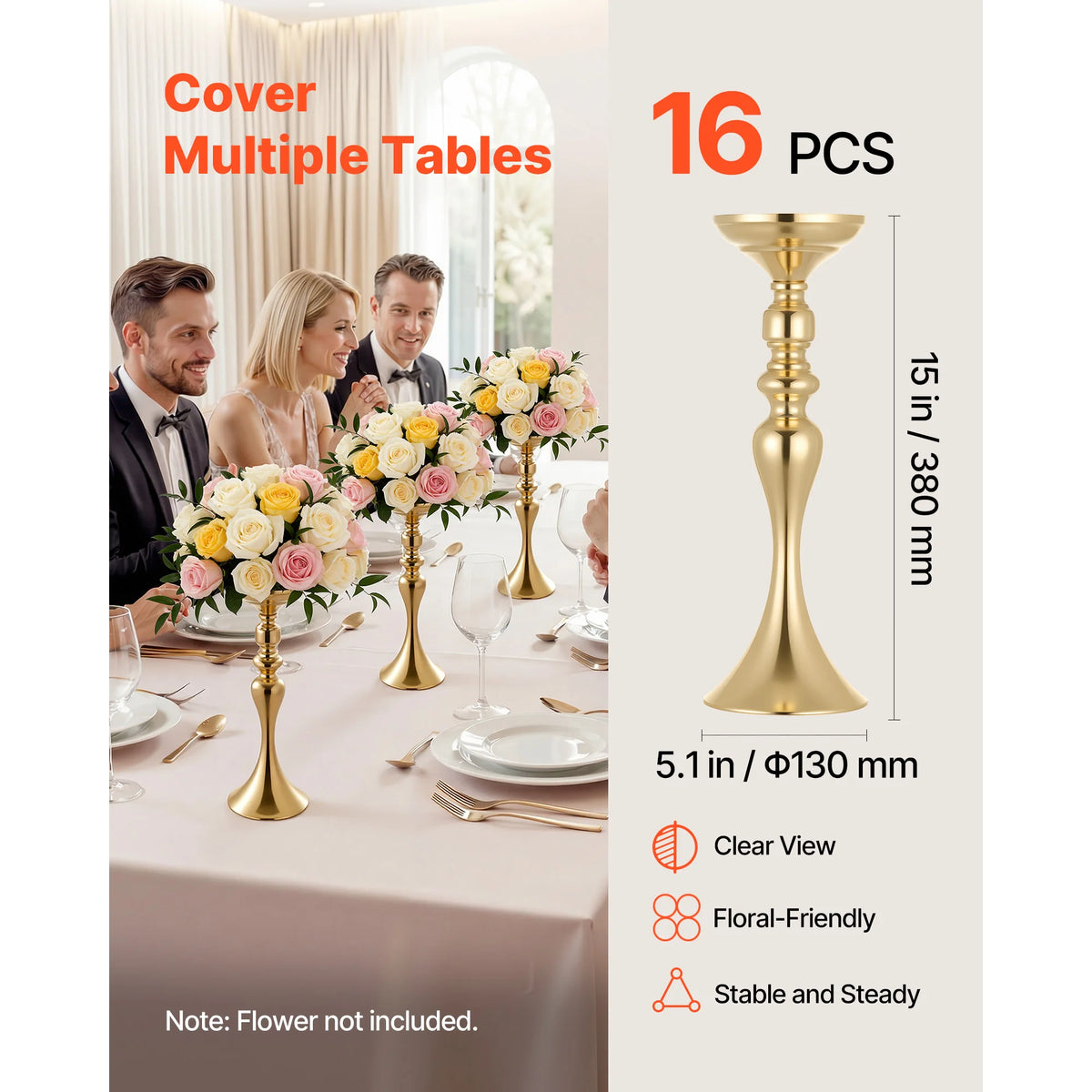 SucceBuy Wedding Flower Vase 15/16.9/21.7 in Tall Electroplated Versatile Arrangement Stand for Home Decor Reception Stand Gold