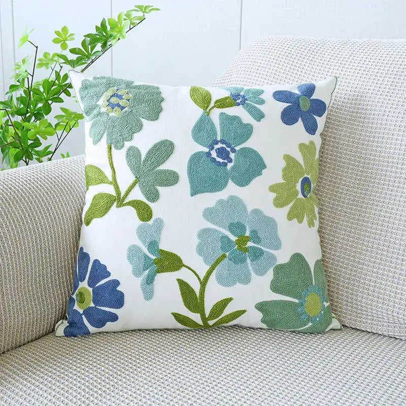 Floral Embroidered Cotton Blend Nordic Style Pillow Cover For Sofa