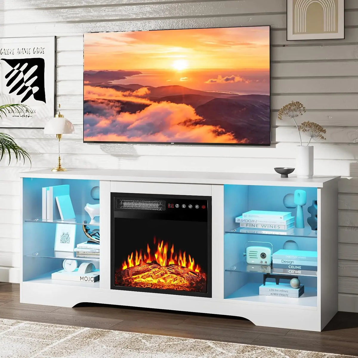 Fireplace TV Stand With Led Lights And Storage Entertainment Center