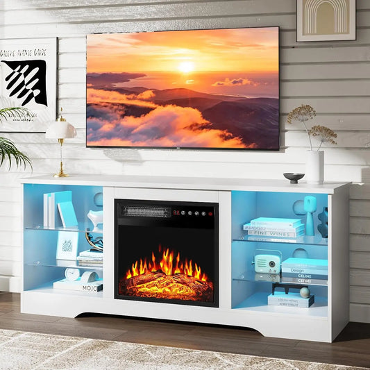 Fireplace TV Stand With Led Lights And Storage Entertainment Center