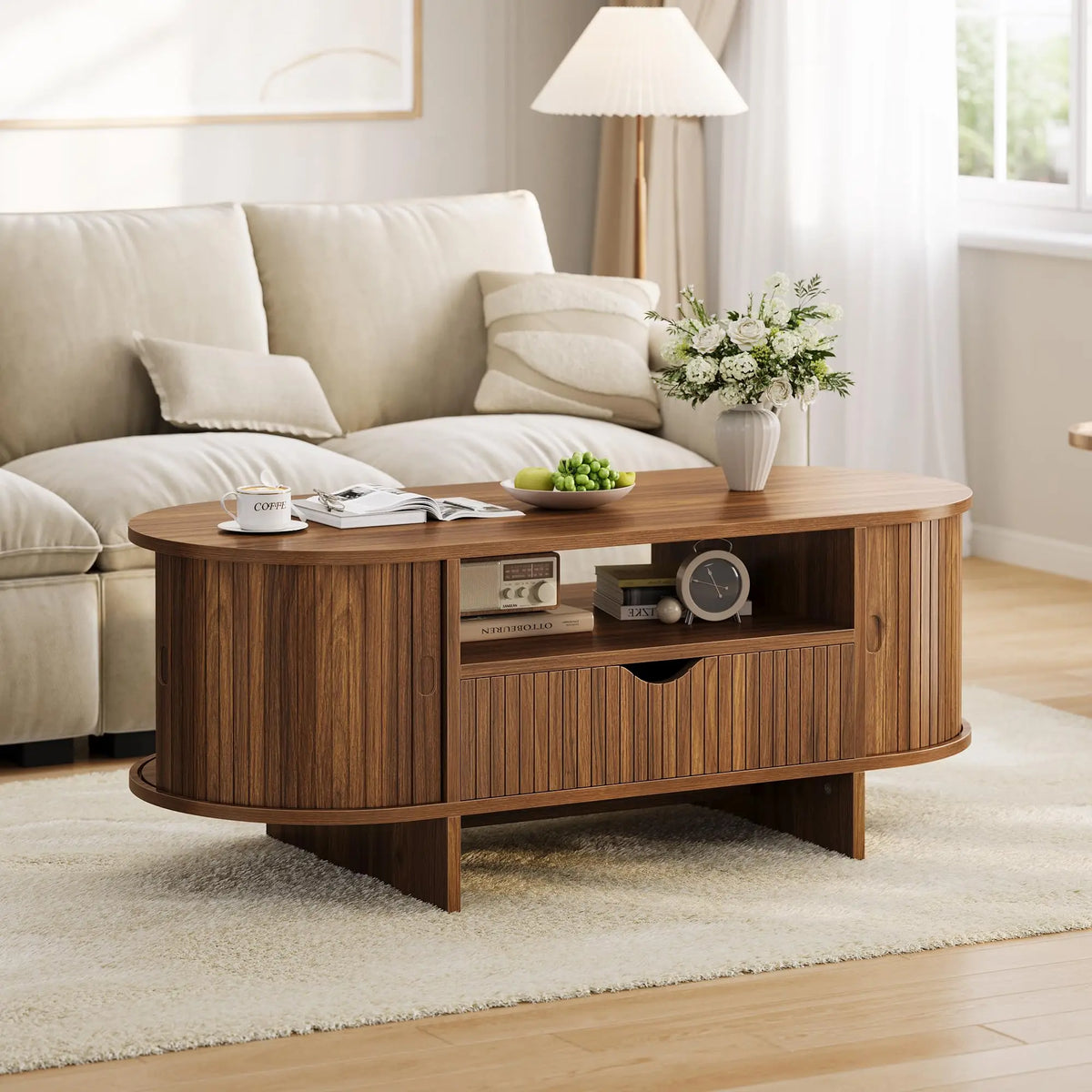 HiMiss Modern Fluted Wood Oval Coffee Table With Storage
