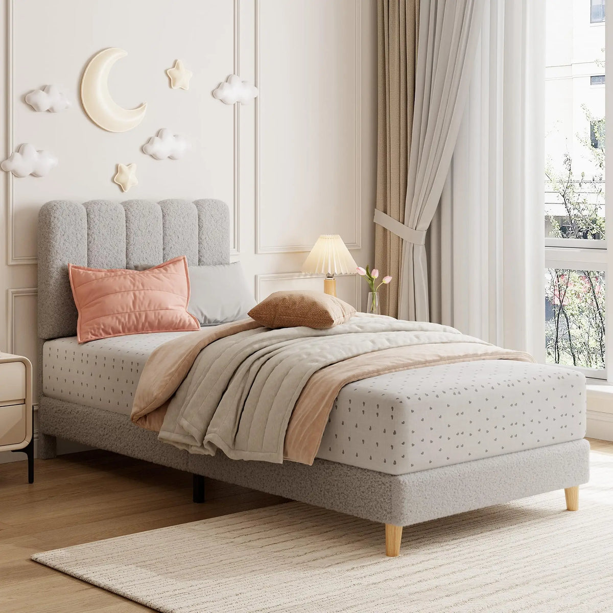 Modern Upholstered Platform Bed With Wave Headboard And Wooden Slats