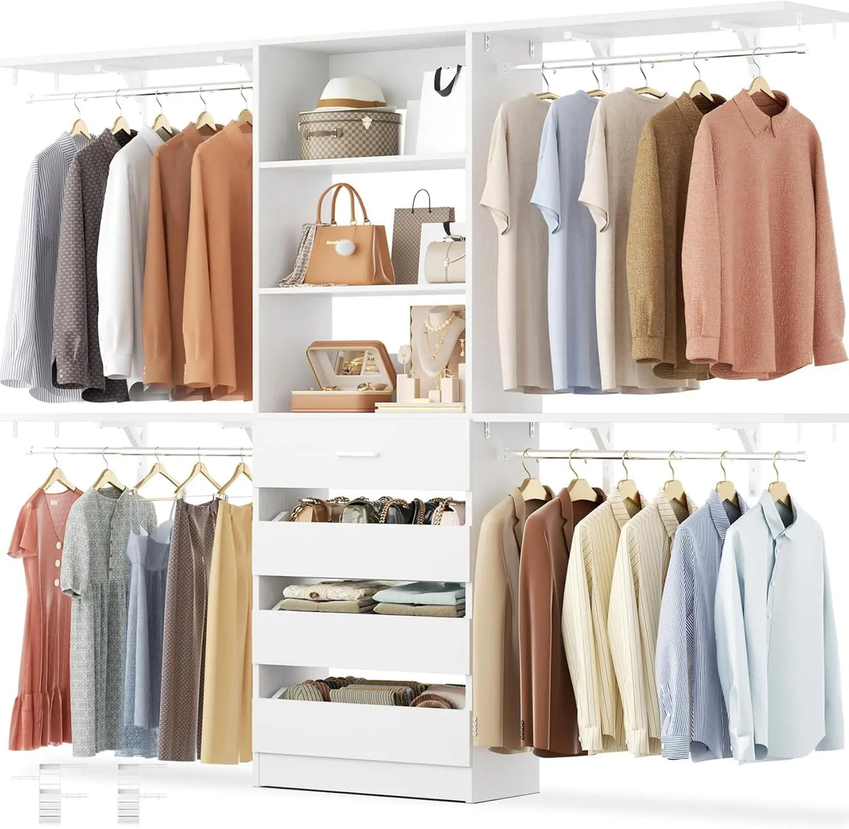 Closet System with Drawers Set of 2, Wood Closet Organizer System with 8 Hanging Rods & Top Shelves, Walk-in, Customized