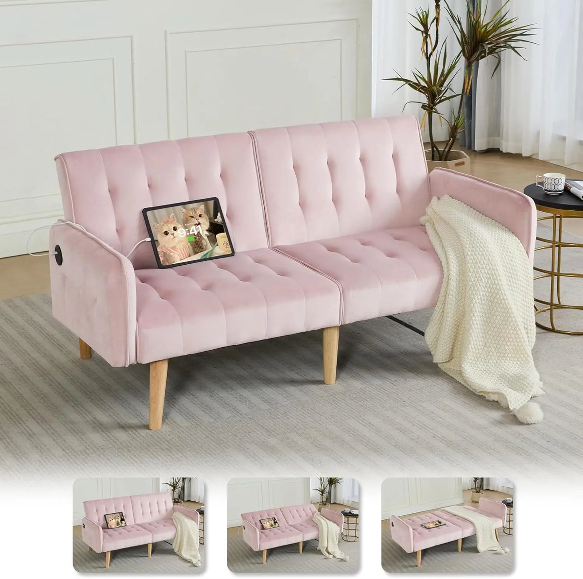 TYBOATLE Tufted Adjustable Futon Sofa Bed With USB Charging Ports