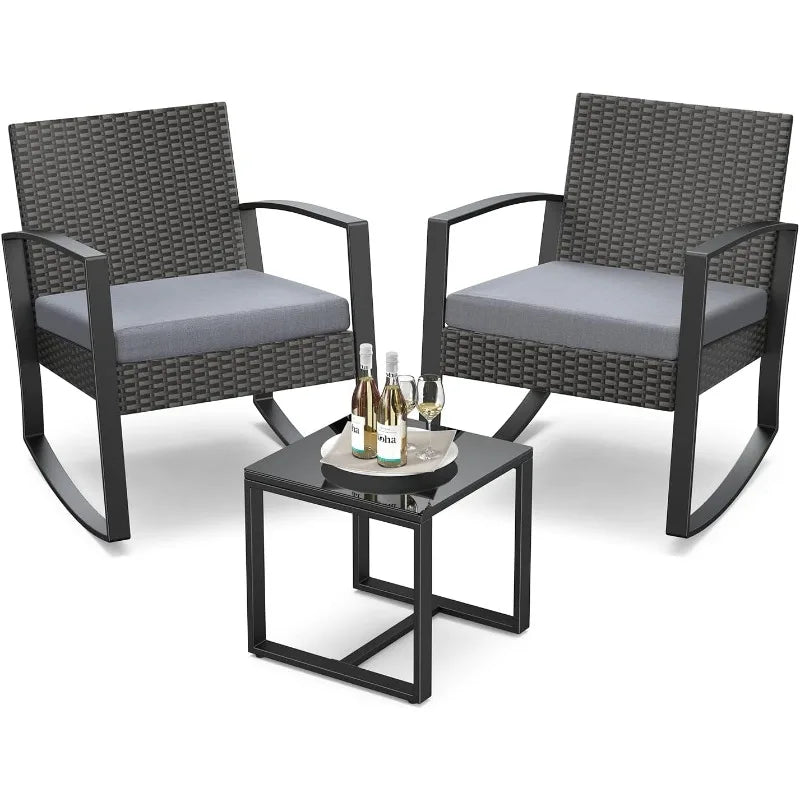 Three Piece Outdoor Rocking Bistro Set With Bamboo Rattan Table