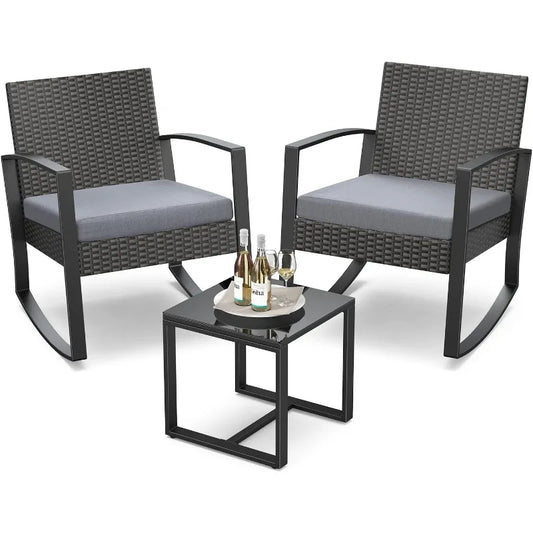 Three Piece Outdoor Rocking Bistro Set With Bamboo Rattan Table