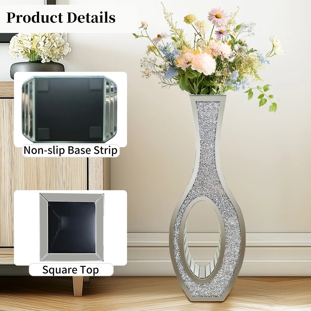 Tall Mirrored Glass Floor Vase Decorative Crush Diamond Design