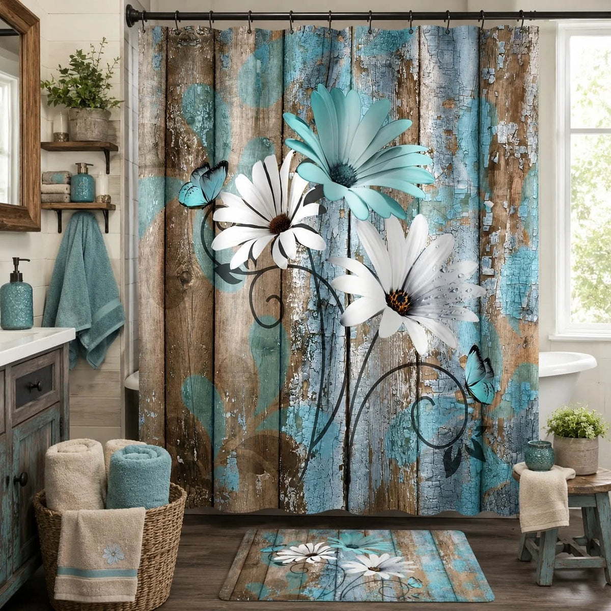 Farmhouse Daisy Floral Shower Curtain With Hooks, Rustic Garden Decor