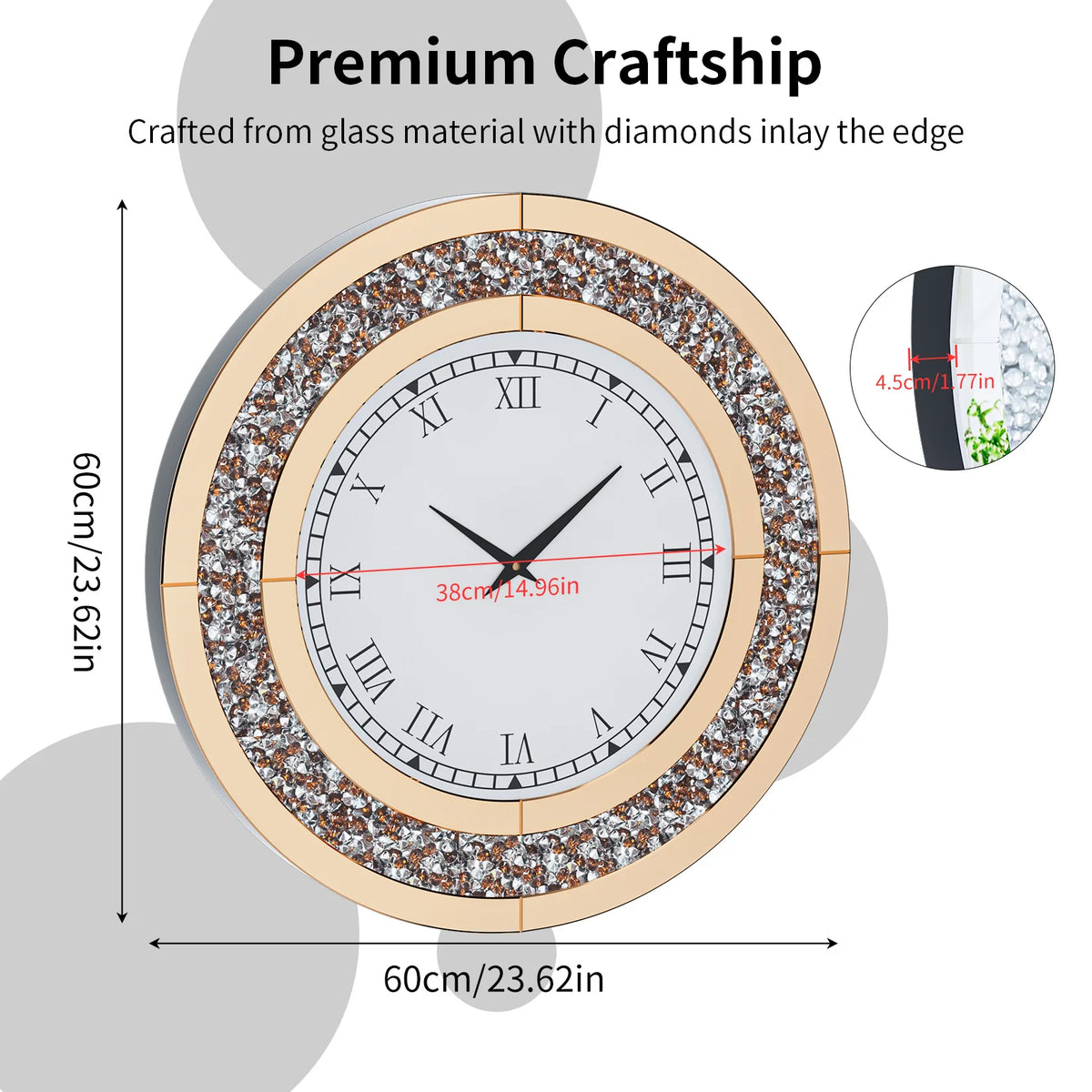 Decorative Crystal Diamond Mirrored Wall Clock Alarm