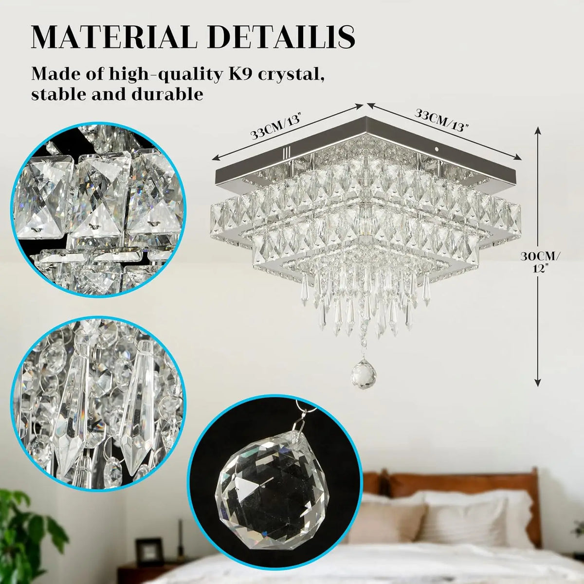 FRIXCHUR Dimmable Crystal Flush Mount Ceiling Chandelier With Remote Control