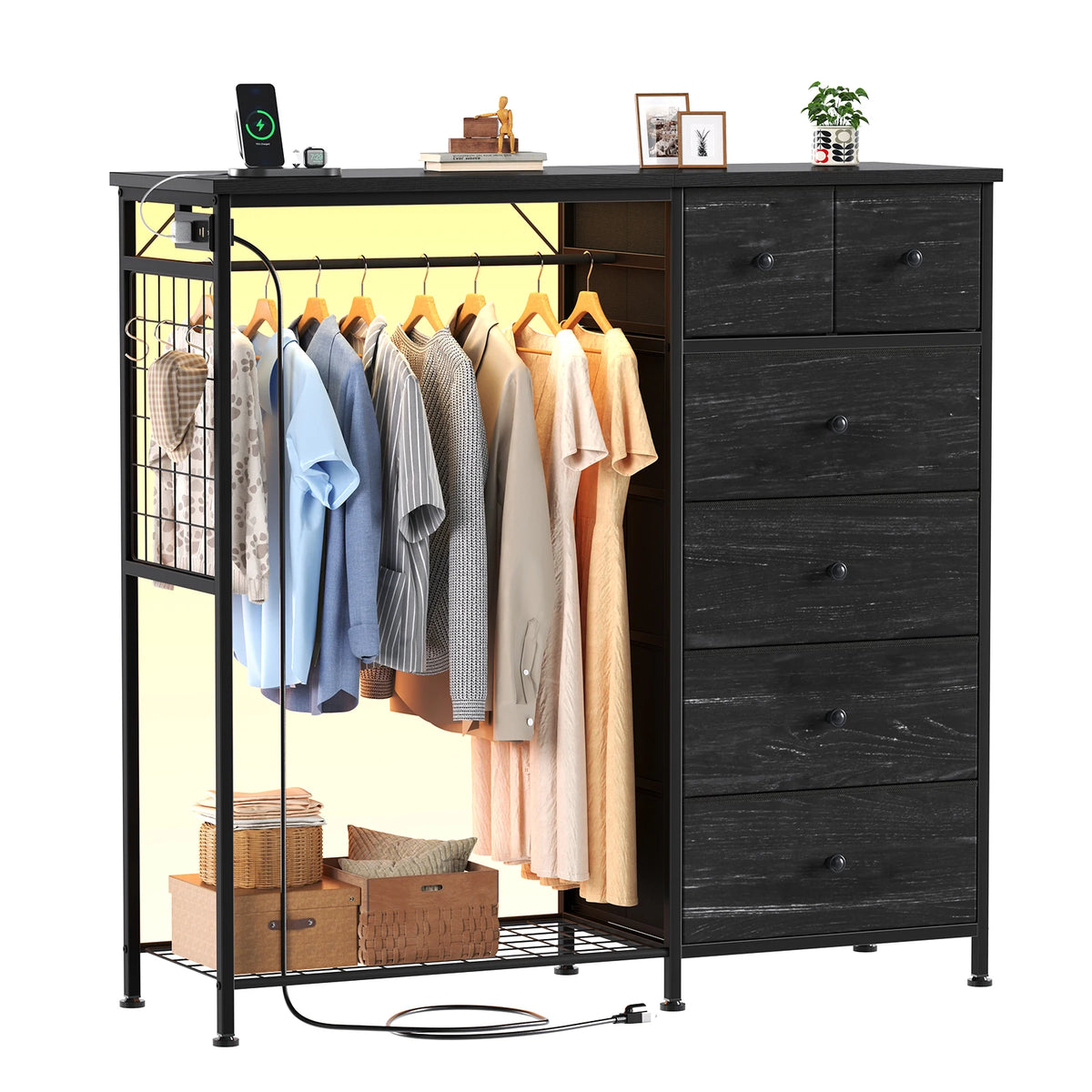 Jhk 6 Drawer Fabric Dresser Hanging Rack Charging Station