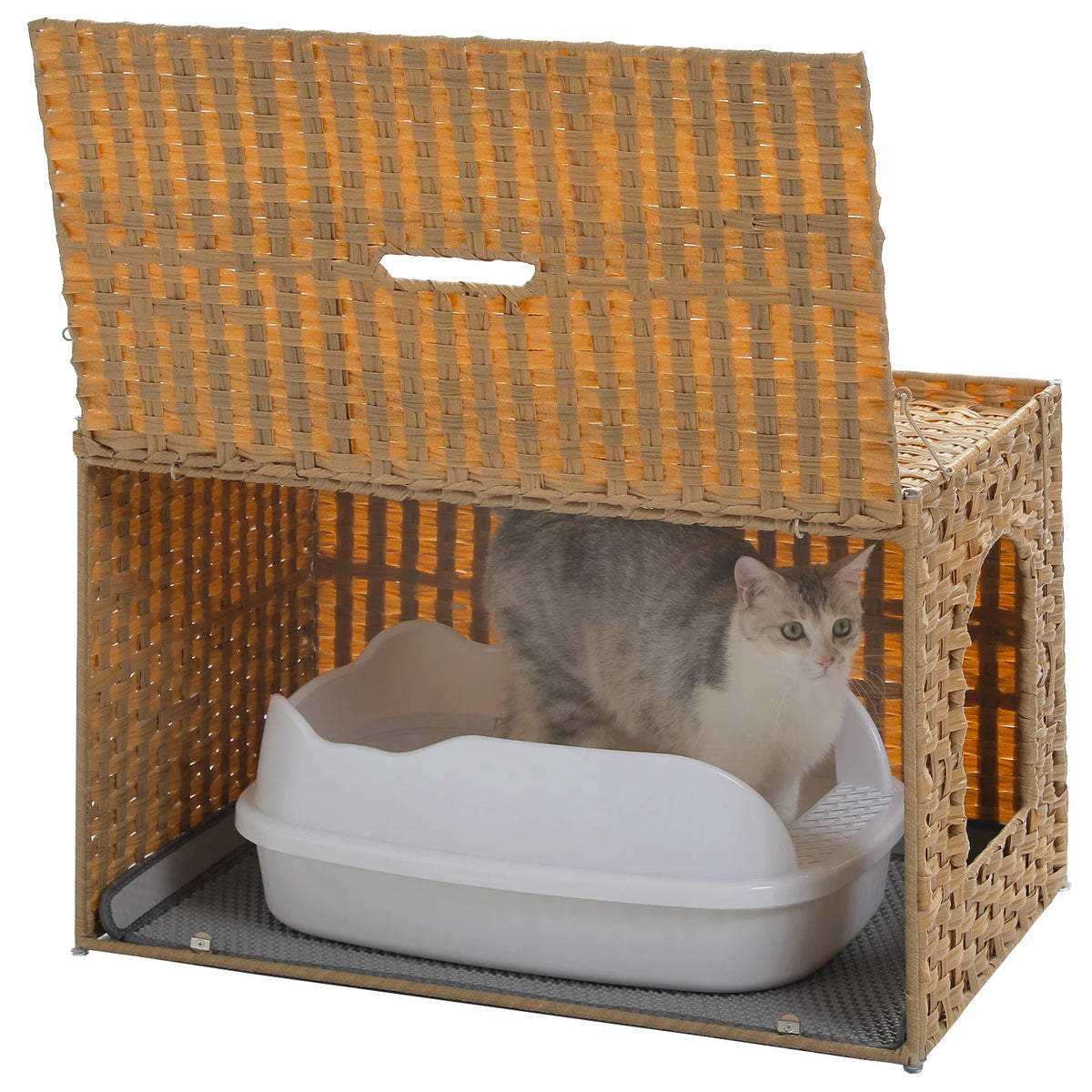 PEQULTI Rattan Cat Litter Box Enclosure With Tall Doorway