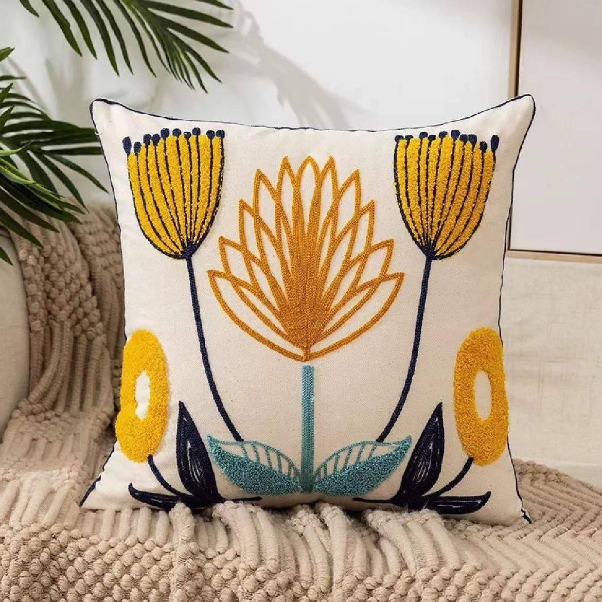 Floral Embroidered Cotton Blend Nordic Style Pillow Cover For Sofa