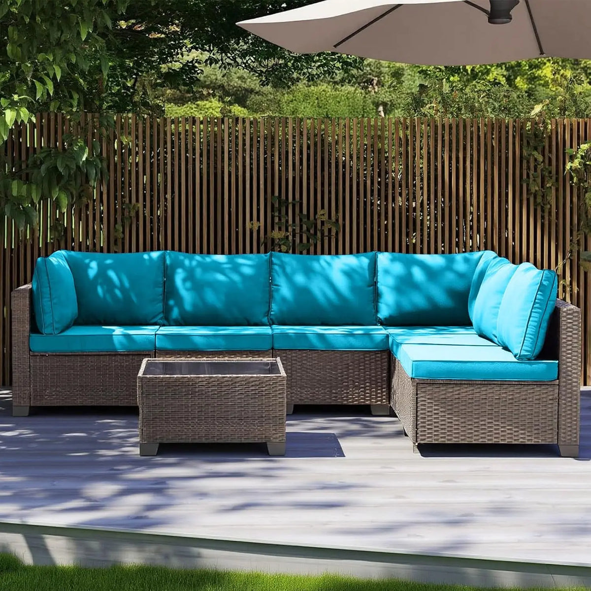 Xiaolang Outdoor Patio Sectional Sofa With Glass Table And Cushions