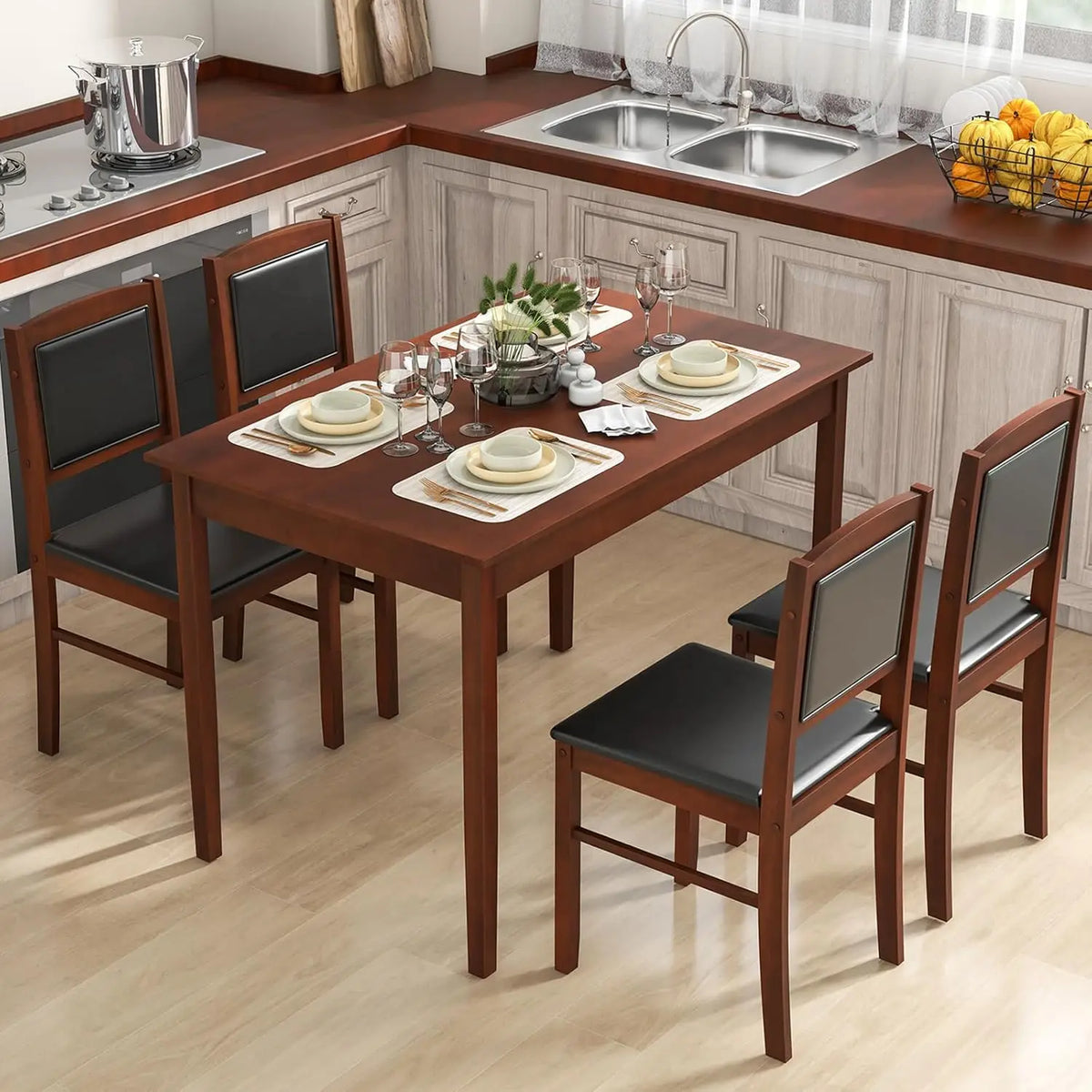 Dining Table Set for 4, Farmhouse Solid Wood Dinette Set w/Rubber Wood Legs, Upholstered Seat & Padded Backrest,, Customized
