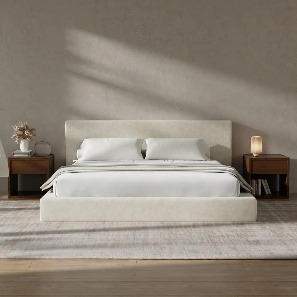 Modern Upholstered Platform Bed Frame With Foam Padded Headboard