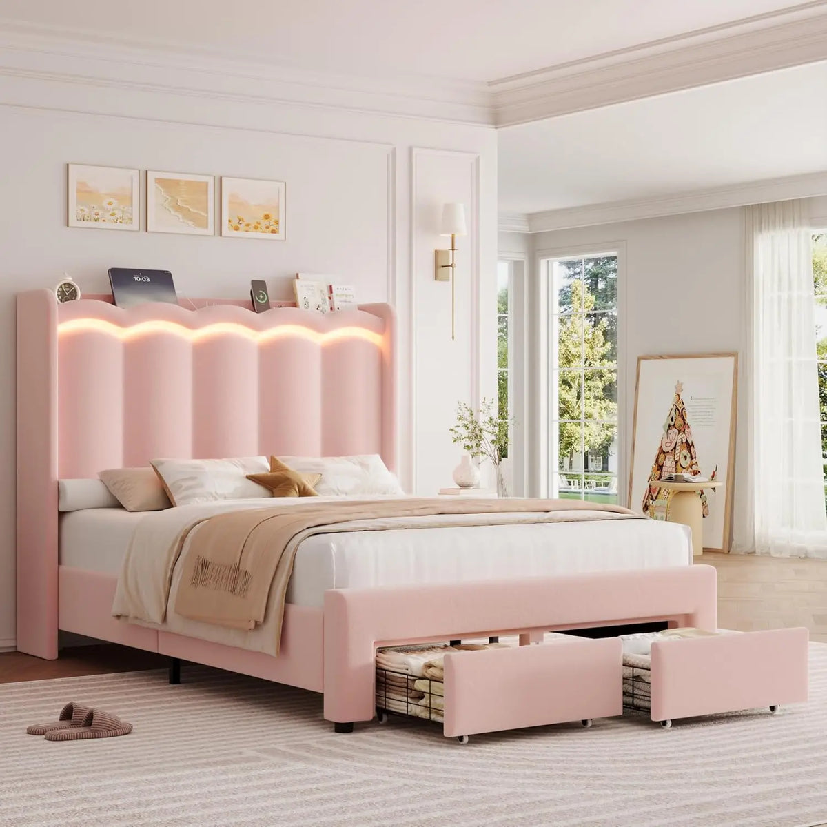Velvet Wingback Bed Frame With USB Charging And Storage Drawers