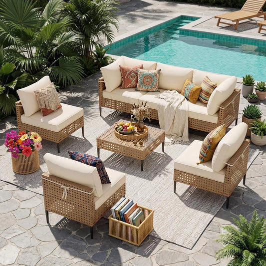 Modern Bamboo Outdoor Sectional Sofa With Glass Table