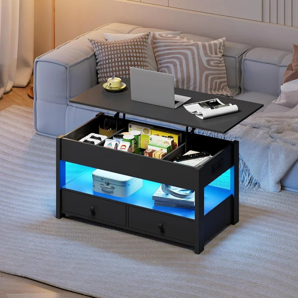 Wlive Lift Top Coffee Table With Drawers And Wooden Shelves