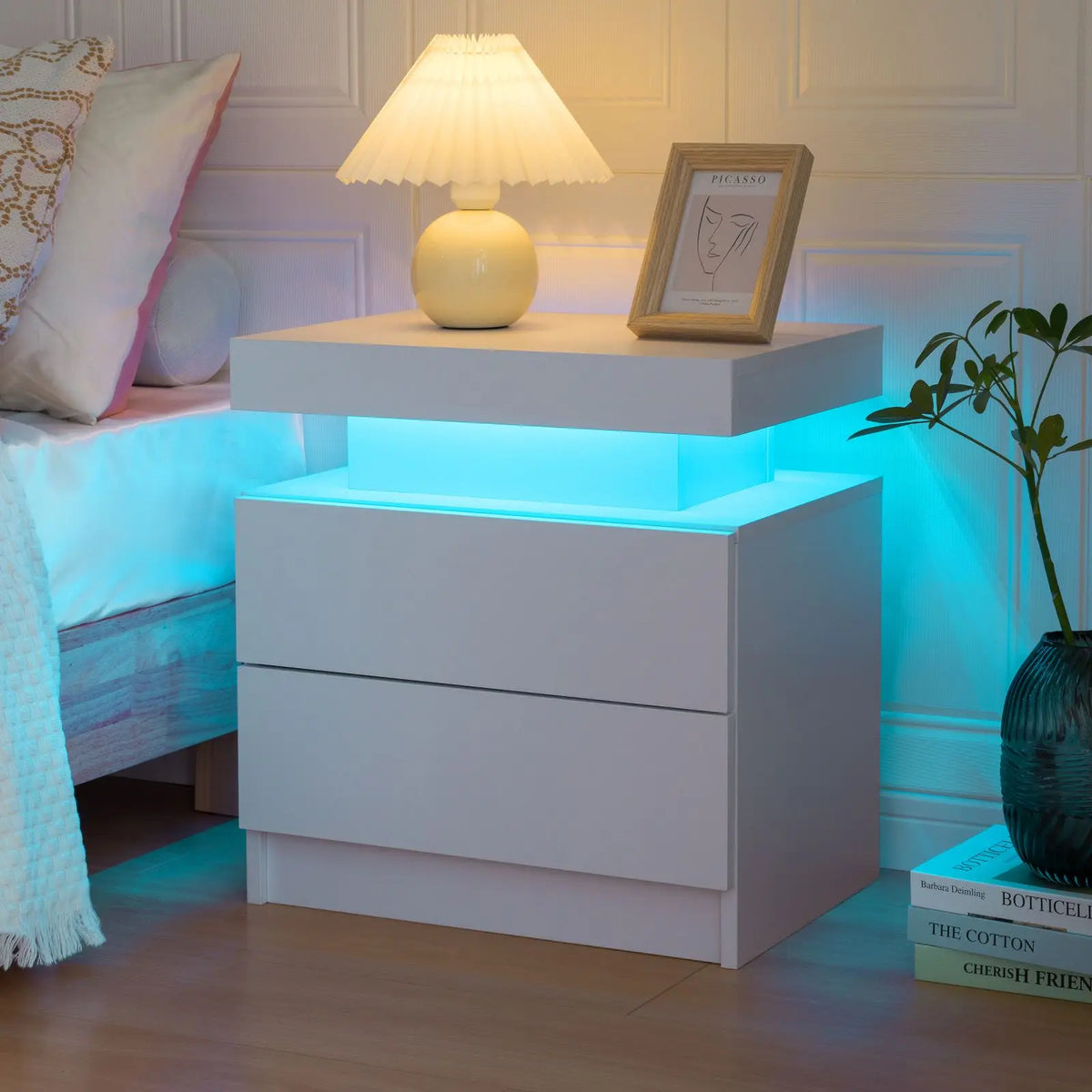 Cubehom LED Nightstand With Two Drawers And Adjustable RGB Lights