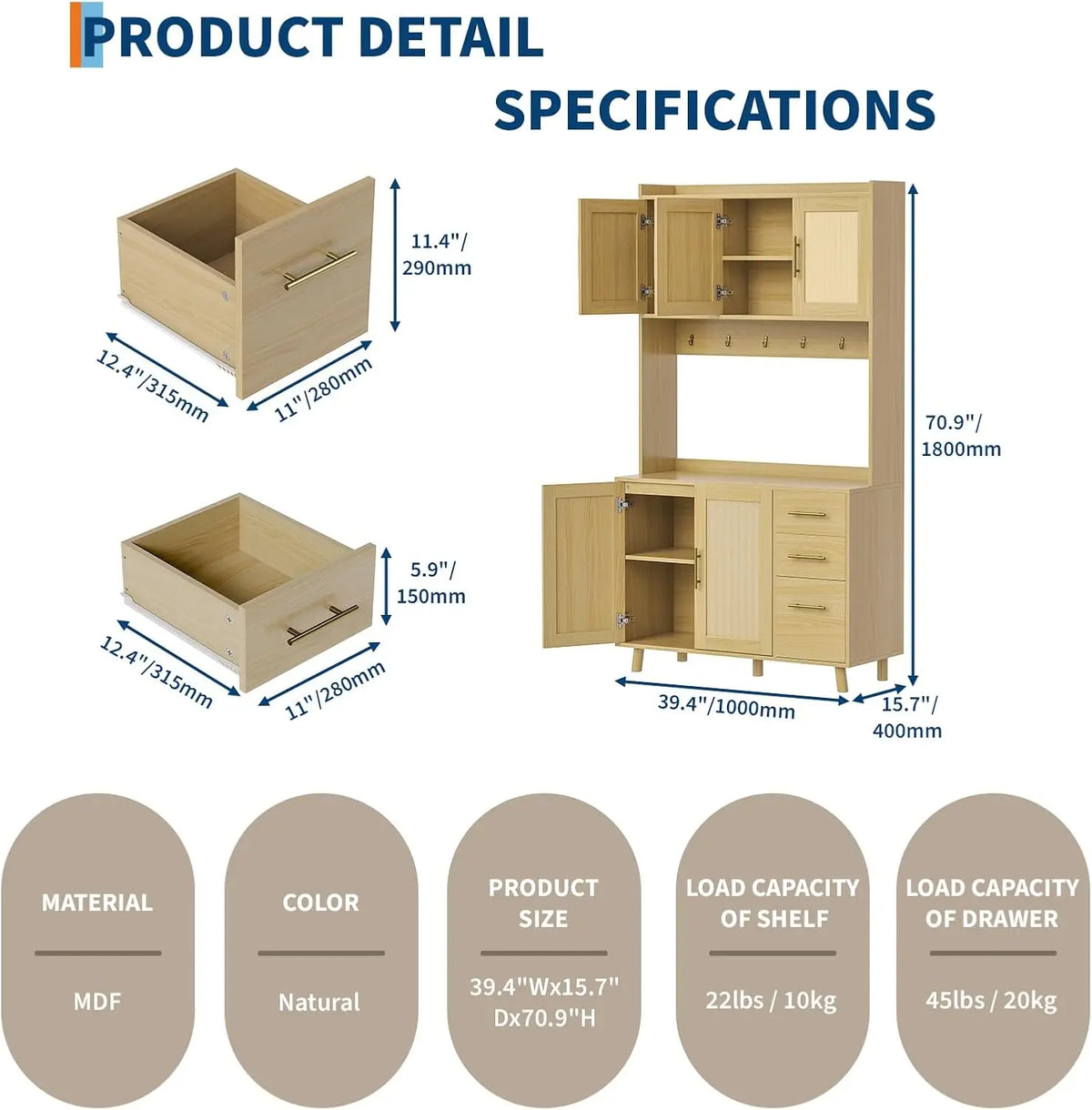 HiMISS Freestanding Rattan Kitchen Pantry Storage Cabinet