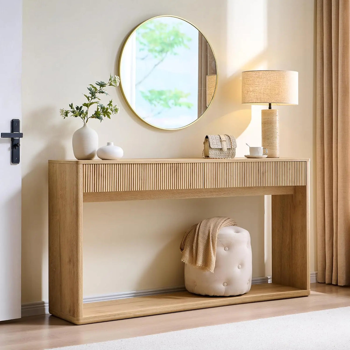 Fluted Engineered Wood Console Table With Two Large Drawers