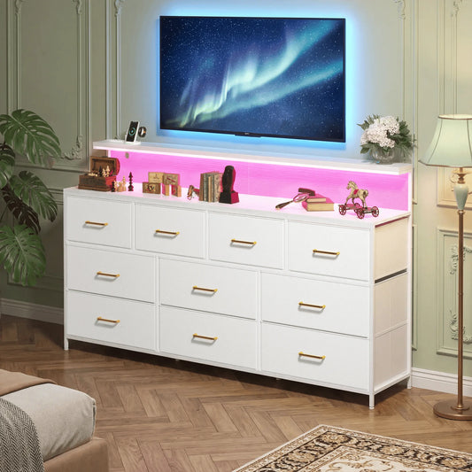 EnHomee 55 Inch Multi Function Dresser Ten Fabric Drawers Led Lighting