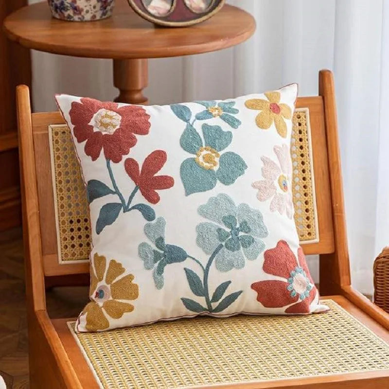 Floral Embroidered Cotton Blend Nordic Style Pillow Cover For Sofa