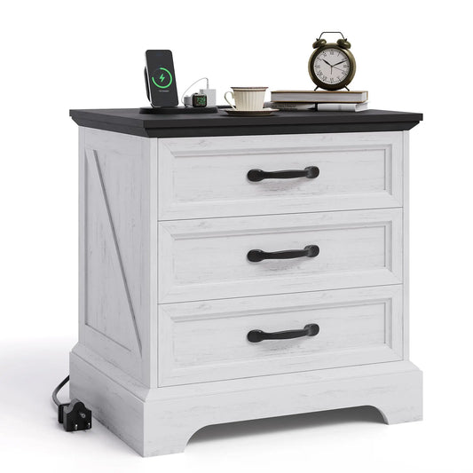 Modern Farmhouse Wood Nightstand With Charging Station And Three Drawers