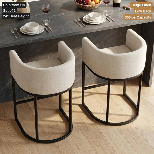 Counter Height Metal Linen Upholstered Low Back Bar Stools